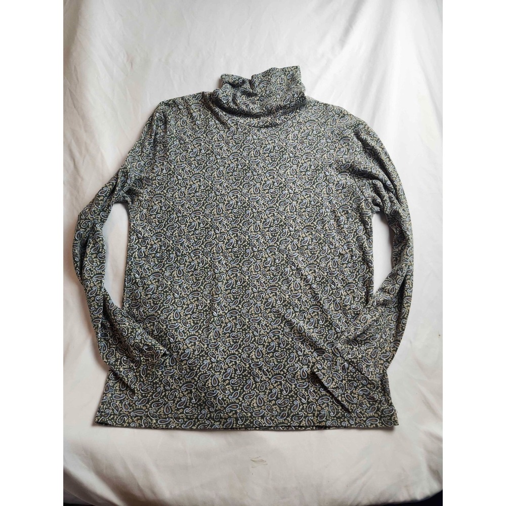 Currants Mock Neck Shirt Women Medium Green Paisley Knit Pullover Vintage Casual